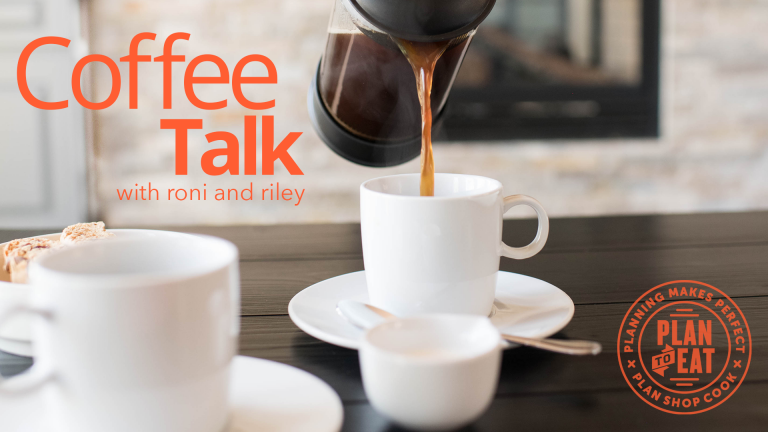 french press coffee being poured into white mugs. "Coffee Talk with Riley and Roni" in orange text