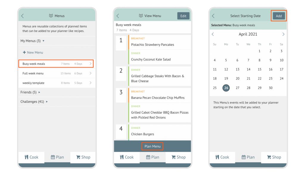 three app screenshots in a row, showing how to plan a Menu in the Plan to Eat app