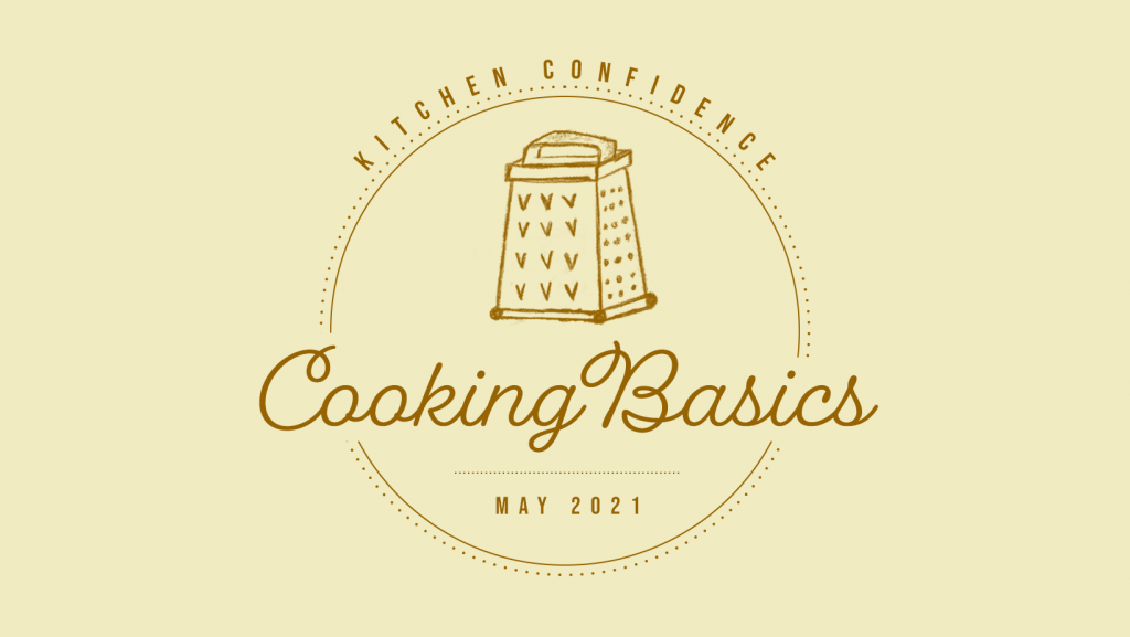 yellow logo says "Kitchen Confidence. Cooking Basics" with an illustrated cheese grater