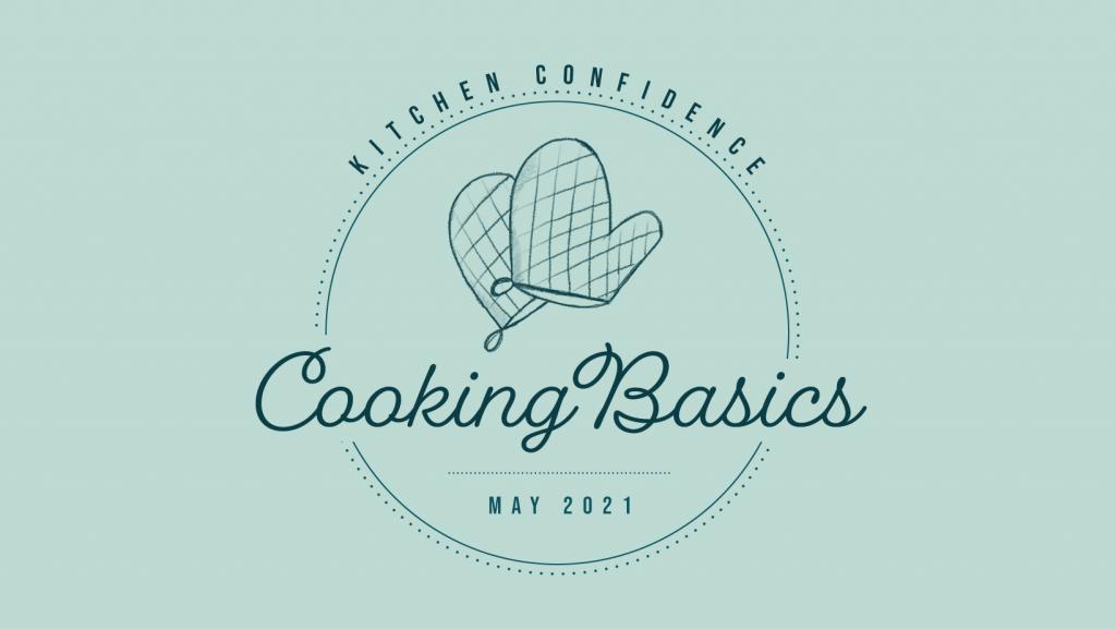 green logo says "Kitchen Confidence. Cooking Basics" with an illustrated oven mitts