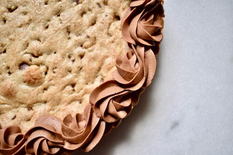 overhead, cropped, shot of chocolate chip cookie cake