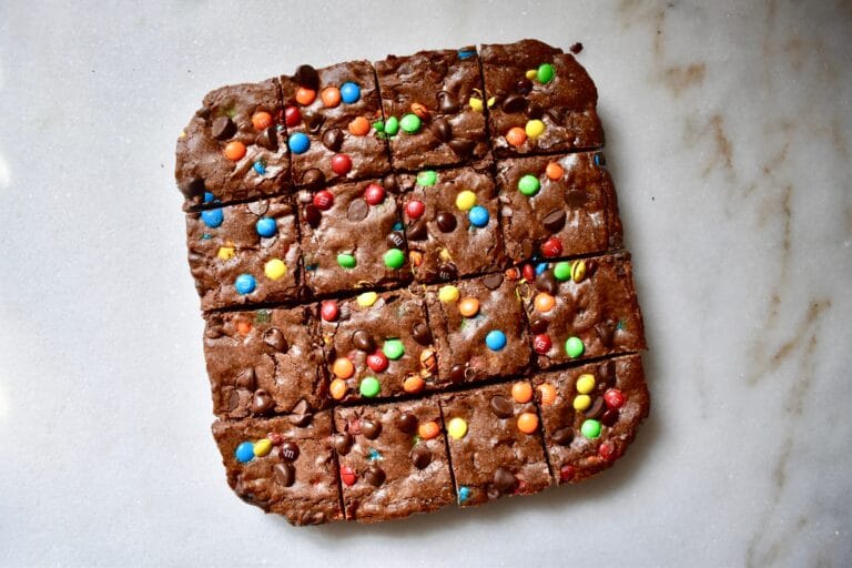 overhead shot of baked brownies, cut into squares