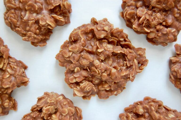 overhead shot of chocolate and oatmeal no-bake cookies